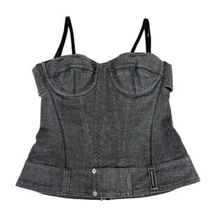 D&G Dolce & Gabbana Bustier Corset Top Grey Denim Black Lace Trim Sz S Vintage